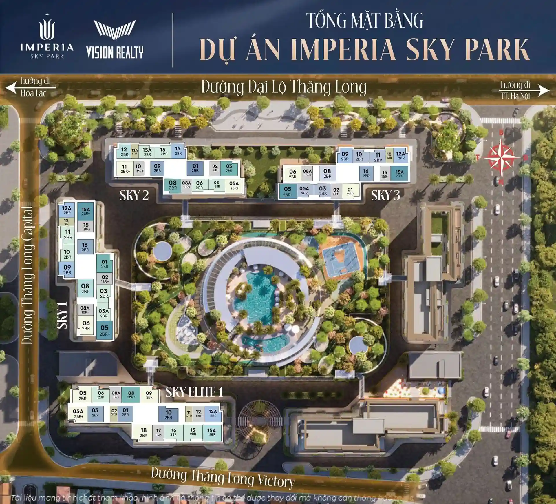 Sơ đồ vị trí các tòa tại Imperia Sky Park MIK Nam An Khánh, bám trục Đại lộ Thăng Long